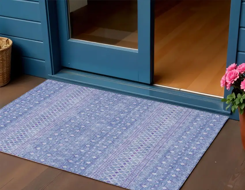 Sky Blue Purple And Ivory Tribal Washable Indoor Outdoor Area Rug Photo 1