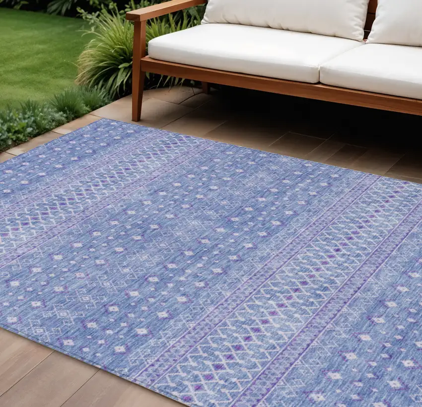 Sky Blue Purple And Ivory Tribal Washable Indoor Outdoor Area Rug Photo 1