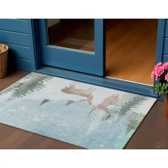 Sky Blue Sage Ivory And Khaki Animal Print Washable Indoor Outdoor Area Rug Photo 2