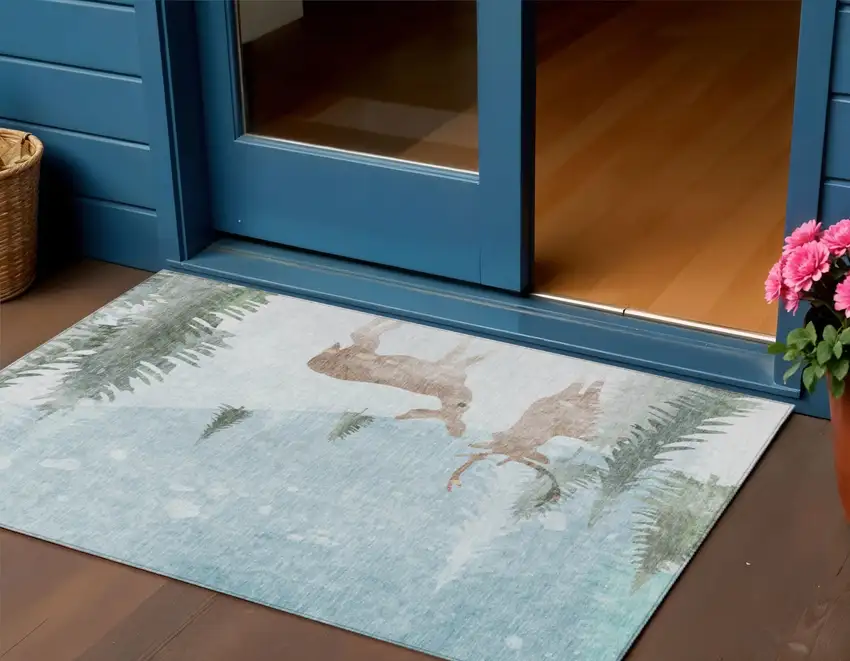 Sky Blue Sage Ivory And Khaki Animal Print Washable Indoor Outdoor Area Rug Photo 2