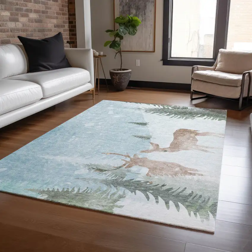 Sky Blue Sage Ivory And Khaki Deer Washable Indoor Outdoor Area Rug Photo 5