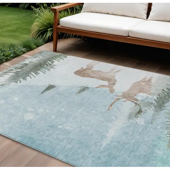 Sky Blue Sage Ivory And Khaki Deer Washable Indoor Outdoor Area Rug Photo 1