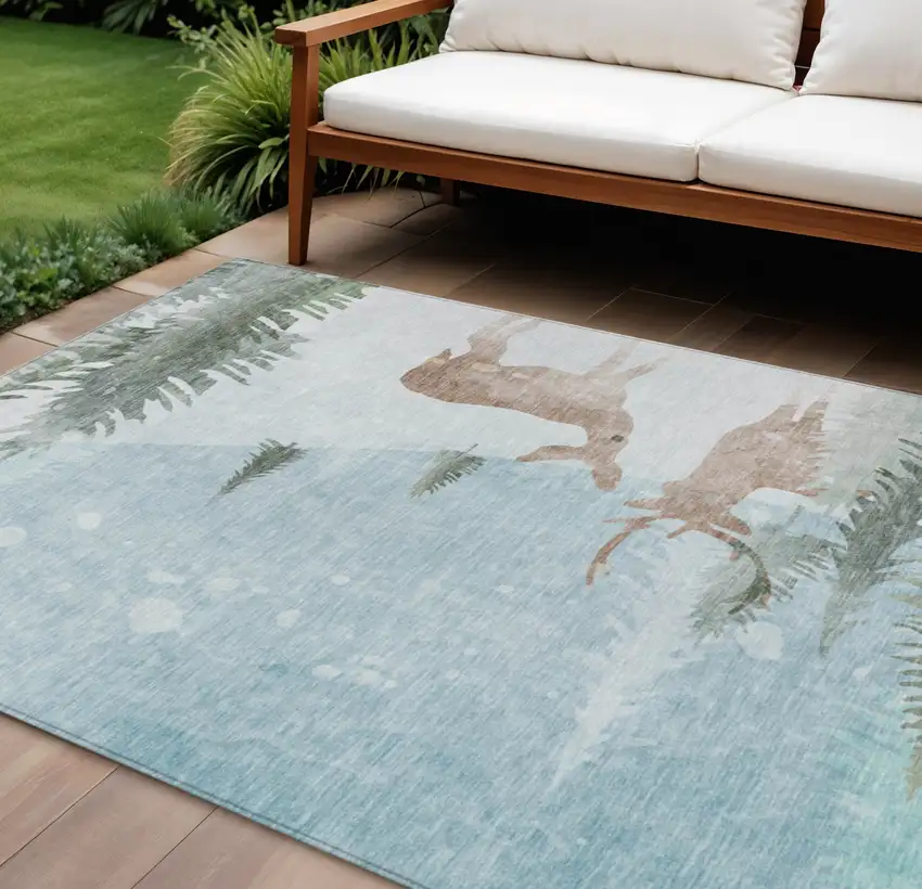 Sky Blue Sage Ivory And Khaki Deer Washable Indoor Outdoor Area Rug Photo 1