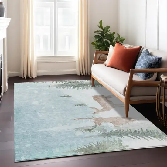Sky Blue Sage Ivory And Khaki Deer Washable Indoor Outdoor Area Rug Photo 6