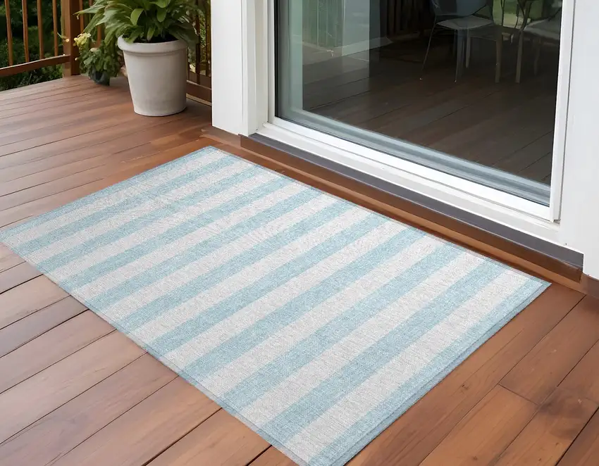 Sky Blue Striped Washable Non Skid Indoor Outdoor Area Rug Photo 1