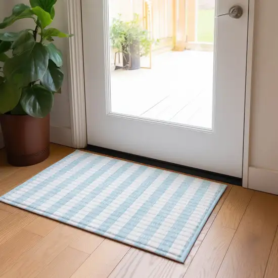 Sky Blue Striped Washable Non Skid Indoor Outdoor Area Rug Photo 8