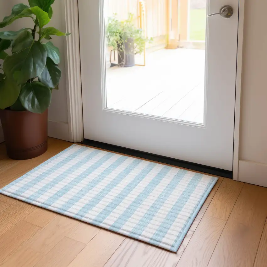 Sky Blue Striped Washable Non Skid Indoor Outdoor Area Rug Photo 8