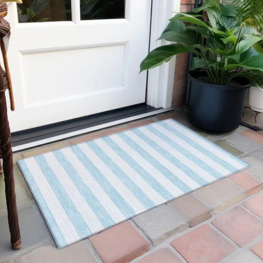 Sky Blue Striped Washable Non Skid Indoor Outdoor Area Rug Photo 8