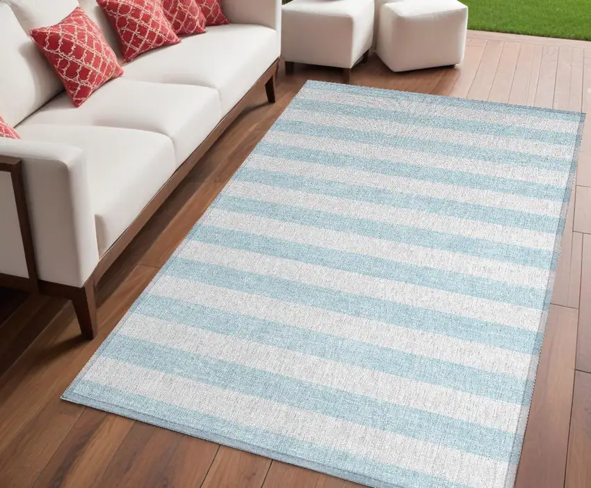 Sky Blue Striped Washable Non Skid Indoor Outdoor Area Rug Photo 1