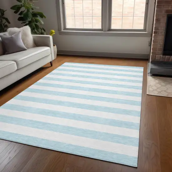 Blue and White Striped Washable Indoor Outdoor Area Rug Photo 5