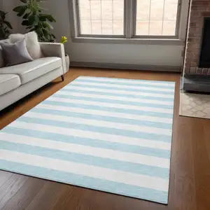 Photo of Sky Blue Striped Washable Non Skid Indoor Outdoor Area Rug