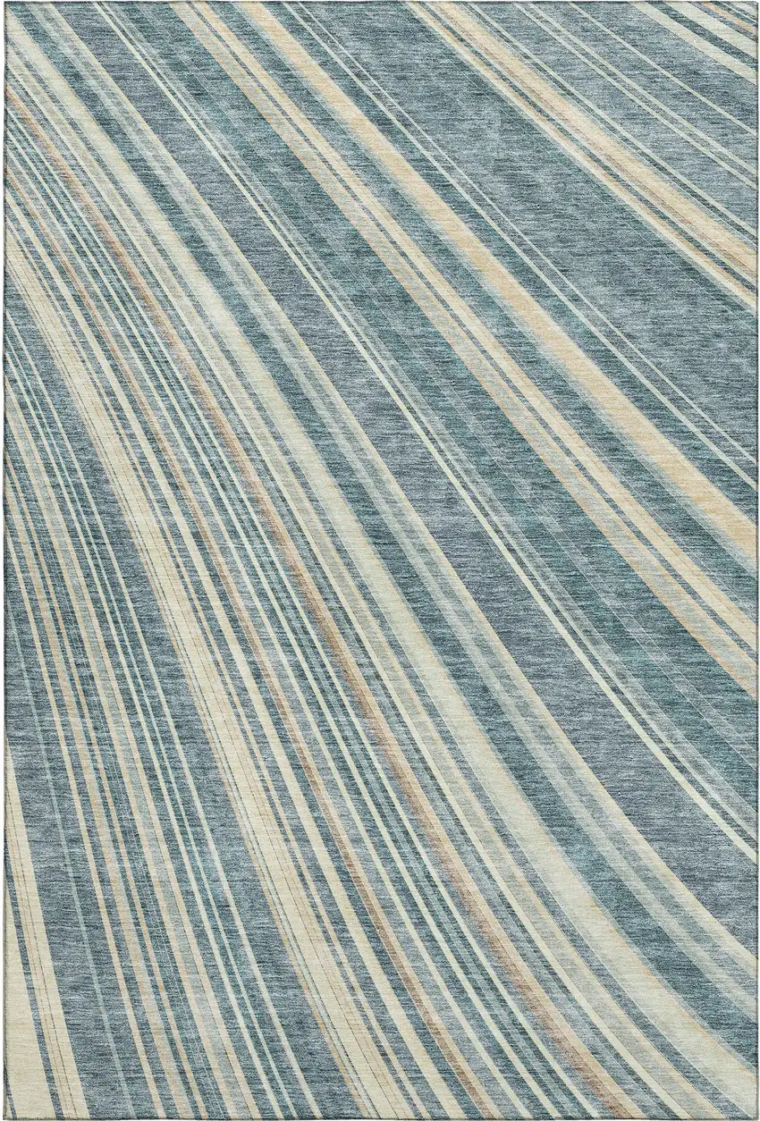 Sky Blue Tan And Beige Striped Washable Area Rug With UV Protection Photo 1