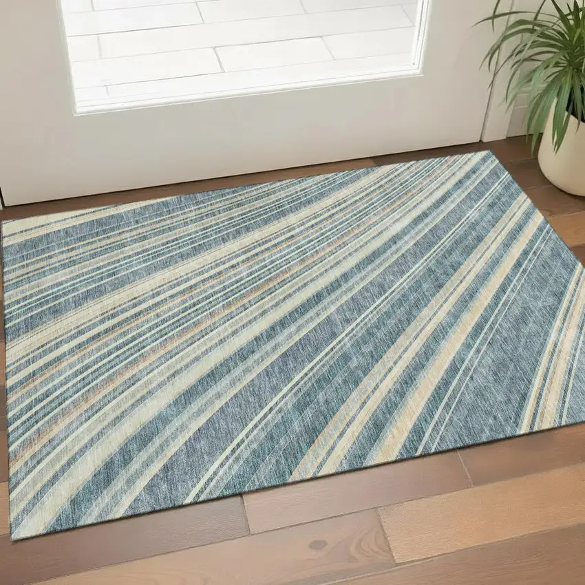 Sky Blue Tan And Beige Striped Washable Area Rug With UV Protection Photo 1