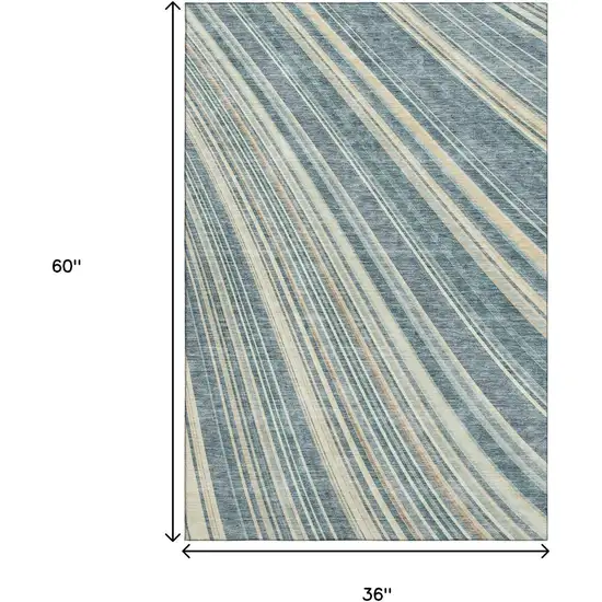 Sky Blue Tan And Beige Striped Washable Area Rug With UV Protection Photo 9