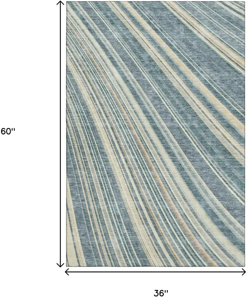 Sky Blue Tan And Beige Striped Washable Area Rug With UV Protection Photo 9