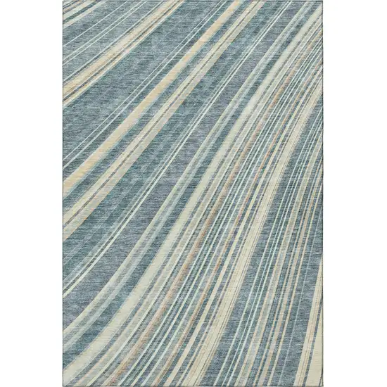 Sky Blue Tan And Beige Striped Washable Area Rug With UV Protection Photo 3