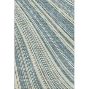Photo of Sky Blue Tan And Beige Striped Washable Area Rug With UV Protection