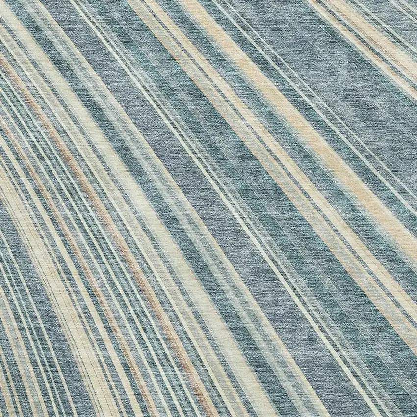 Sky Blue Tan And Beige Striped Washable Area Rug With UV Protection Photo 2