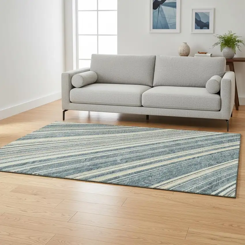 Sky Blue Tan And Beige Striped Washable Area Rug With UV Protection Photo 2