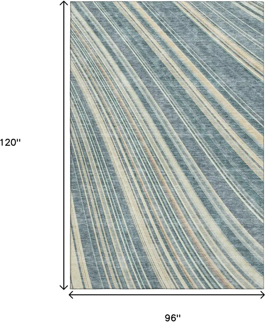 Sky Blue Tan And Beige Striped Washable Area Rug With UV Protection Photo 8