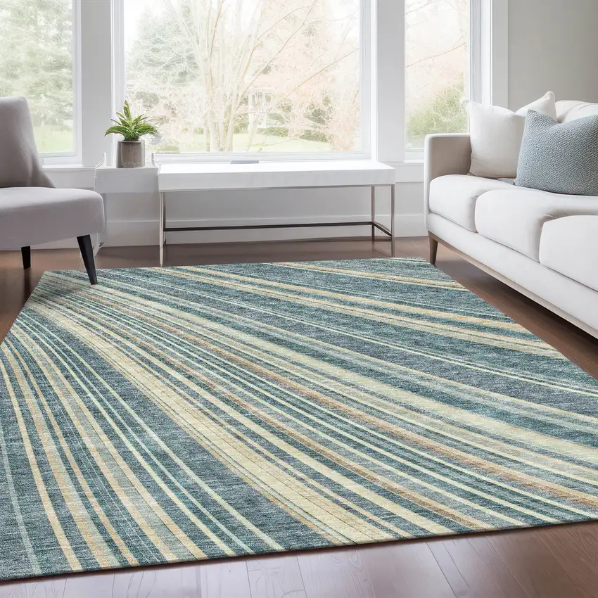 Sky Blue Tan And Beige Striped Washable Area Rug With UV Protection Photo 5