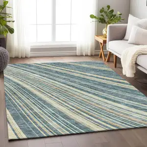 Photo of Sky Blue Tan And Beige Striped Washable Area Rug With UV Protection