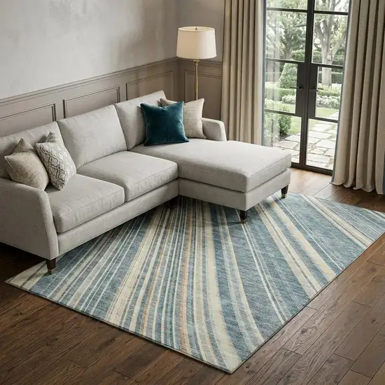 Sky Blue Tan And Beige Striped Washable Area Rug With UV Protection Photo 1