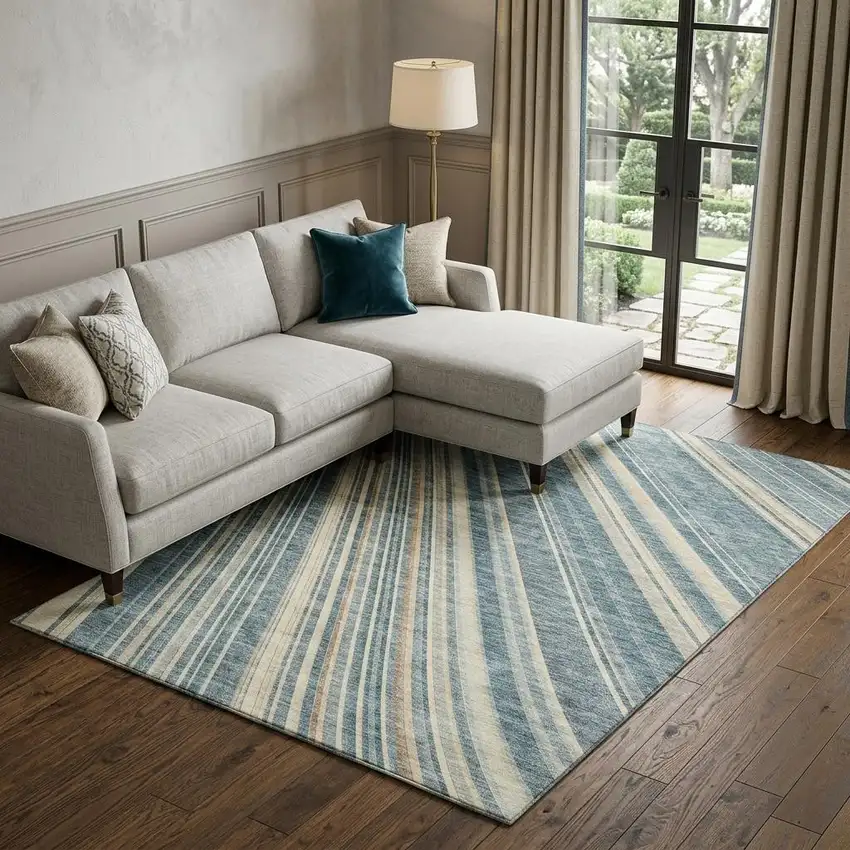 Sky Blue Tan And Beige Striped Washable Area Rug With UV Protection Photo 1