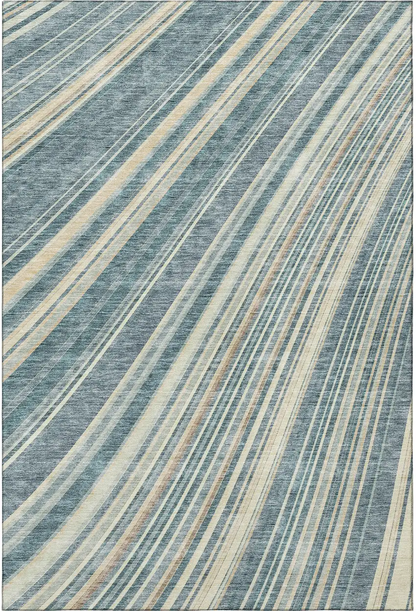 Sky Blue Tan And Beige Striped Washable Area Rug With UV Protection Photo 3