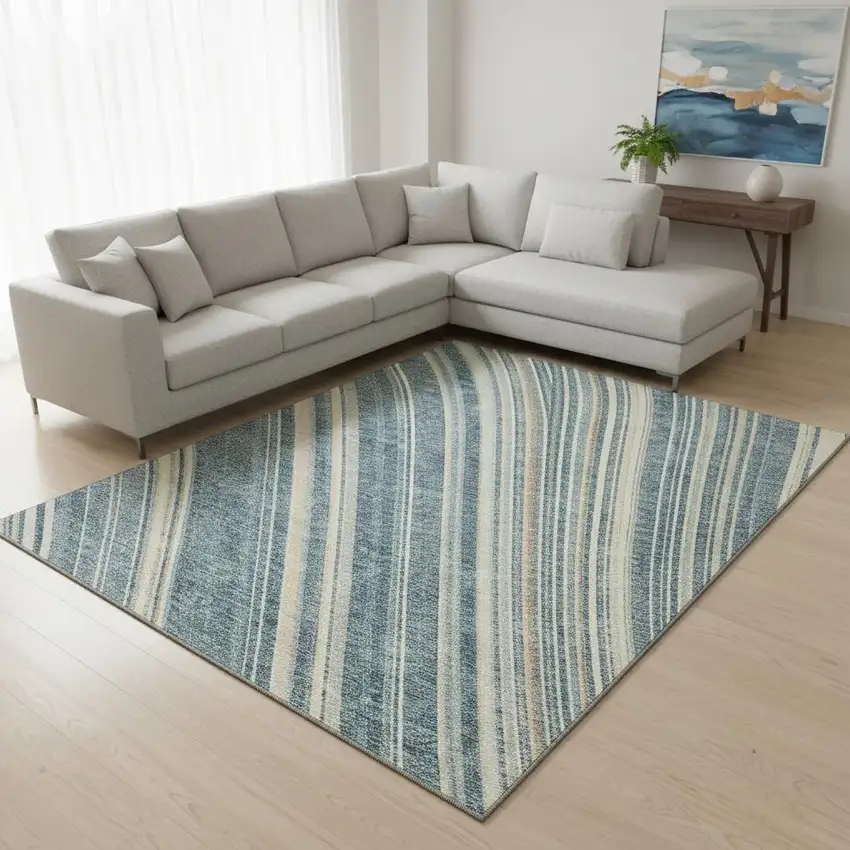Sky Blue Tan And Beige Striped Washable Area Rug With UV Protection Photo 2