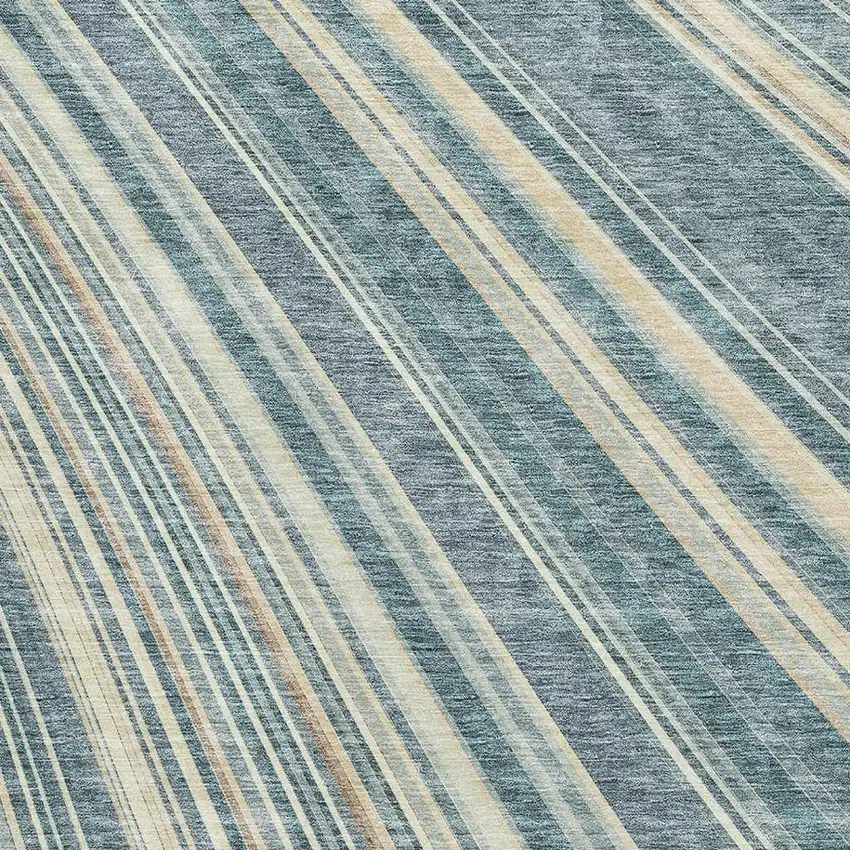 Sky Blue Tan And Beige Striped Washable Area Rug With UV Protection Photo 2