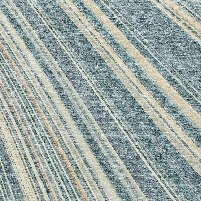 Sky Blue Tan And Beige Striped Washable Area Rug With UV Protection Photo 2
