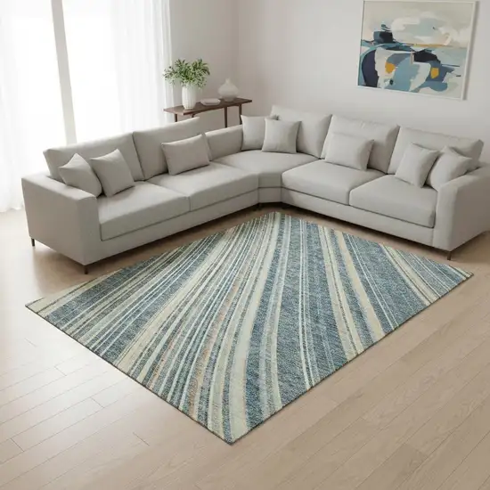 Sky Blue Tan And Beige Striped Washable Area Rug With UV Protection Photo 2