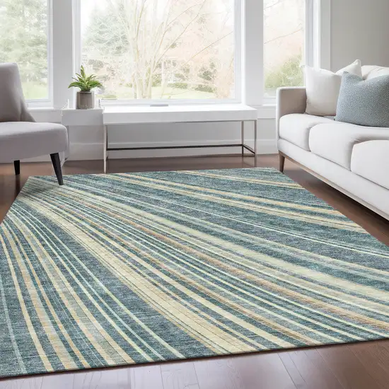 Sky Blue Tan And Beige Striped Washable Area Rug With UV Protection Photo 5