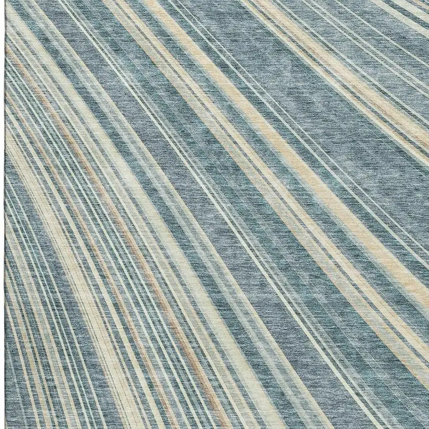 Sky Blue Tan And Beige Striped Washable Area Rug With UV Protection Photo 3