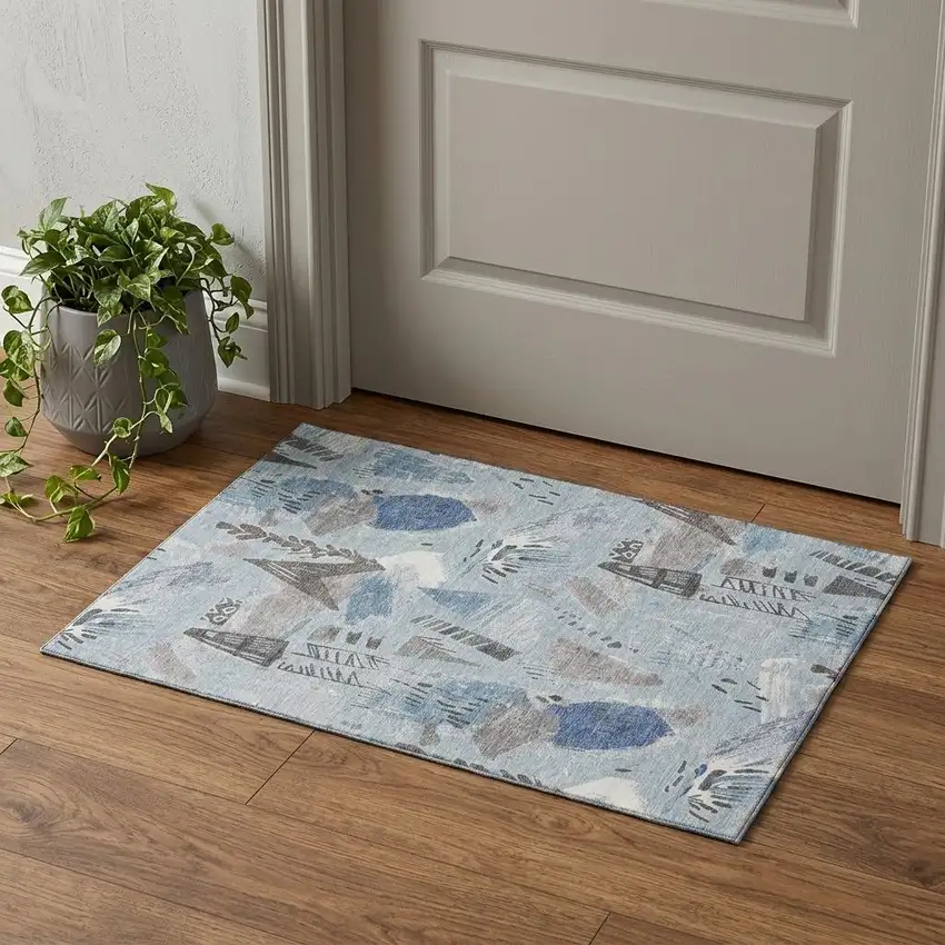 Sky Blue Taupe And Ivory Geometric Washable Area Rug With UV Protection Photo 1