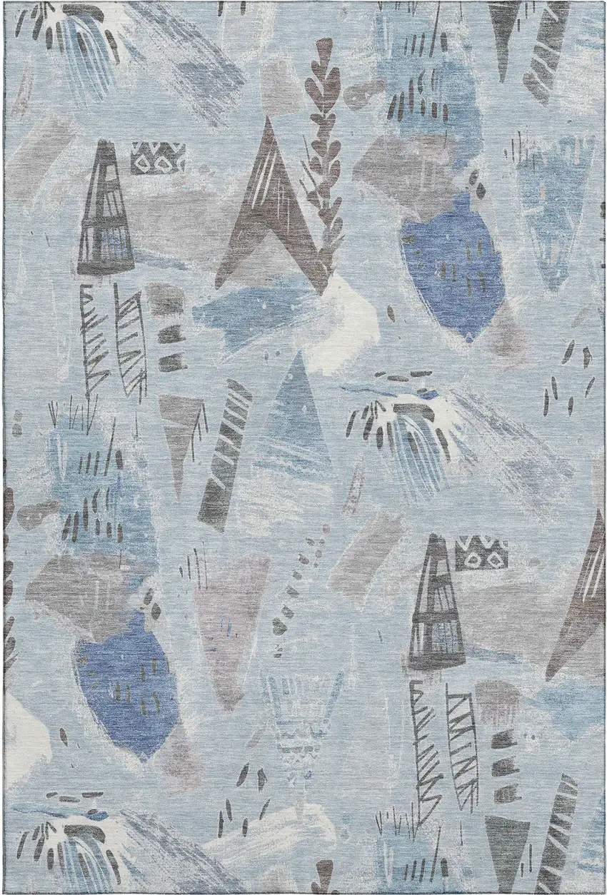 Sky Blue Taupe And Ivory Geometric Washable Area Rug With UV Protection Photo 1