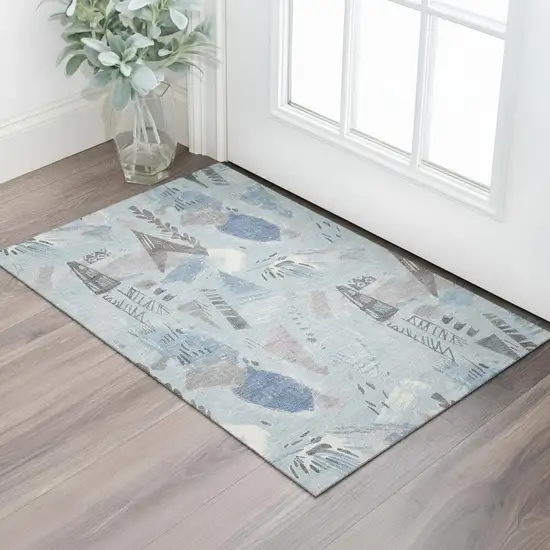 Sky Blue Taupe And Ivory Geometric Washable Area Rug With UV Protection Photo 2
