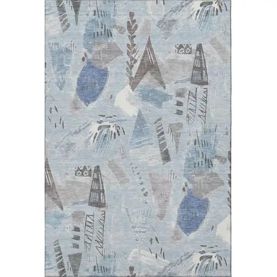 Sky Blue Taupe And Ivory Geometric Washable Area Rug With UV Protection Photo 3