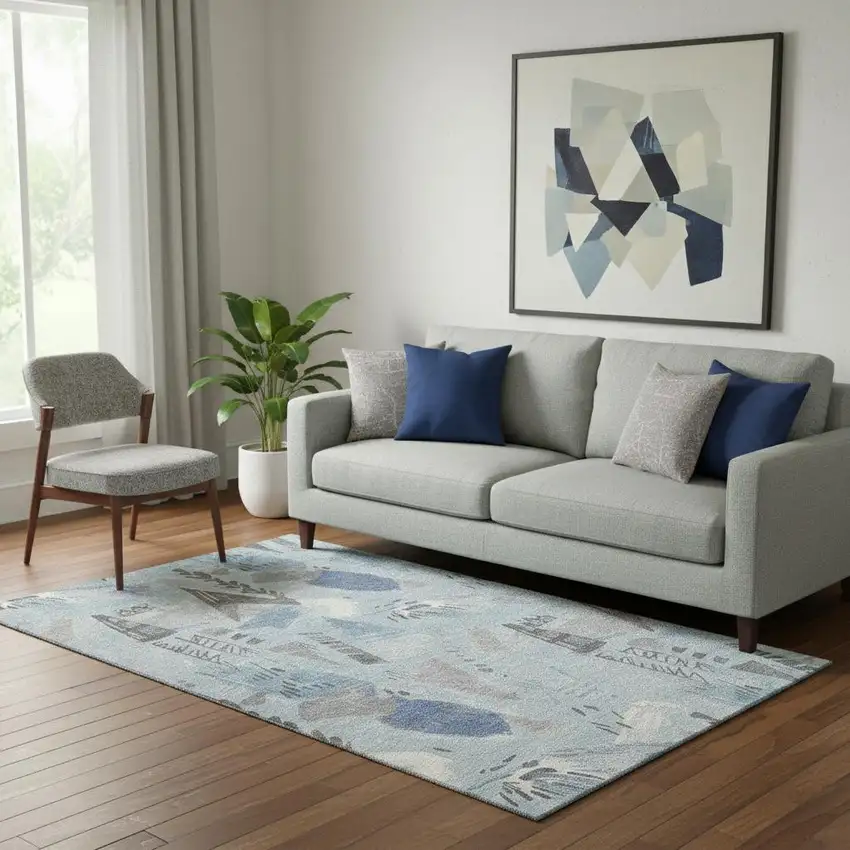 Sky Blue Taupe And Ivory Geometric Washable Area Rug With UV Protection Photo 2