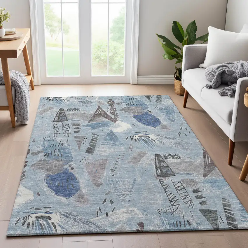 Sky Blue Taupe And Ivory Geometric Washable Area Rug With UV Protection Photo 6