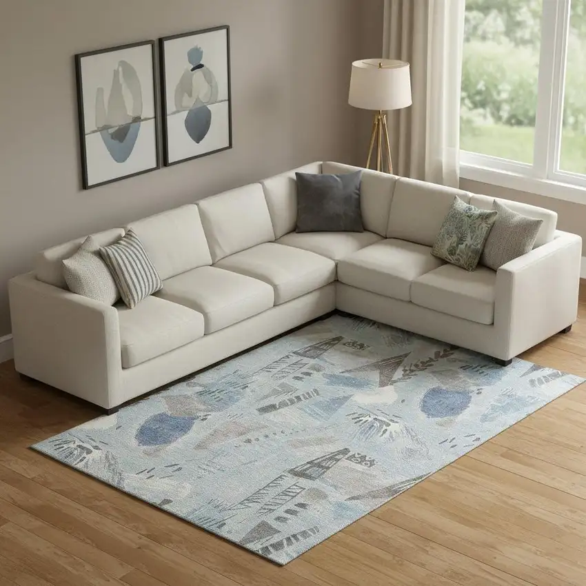 Sky Blue Taupe And Ivory Geometric Washable Area Rug With UV Protection Photo 2