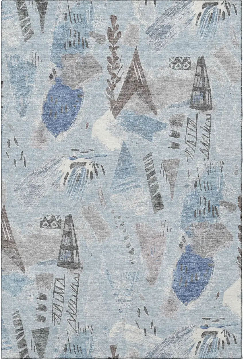 Sky Blue Taupe And Ivory Geometric Washable Area Rug With UV Protection Photo 4