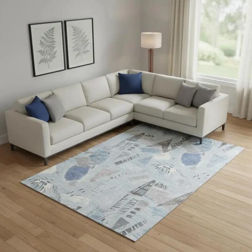 Sky Blue Taupe And Ivory Geometric Washable Area Rug With UV Protection Photo 2