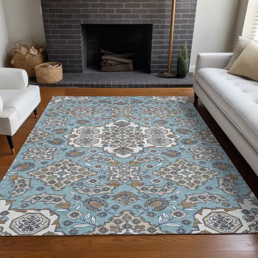 Sky Blue Taupe And Ivory Medallion Washable Indoor Outdoor Area Rug Photo 7