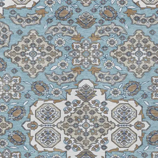 Sky Blue Taupe And Ivory Medallion Washable Indoor Outdoor Area Rug Photo 4