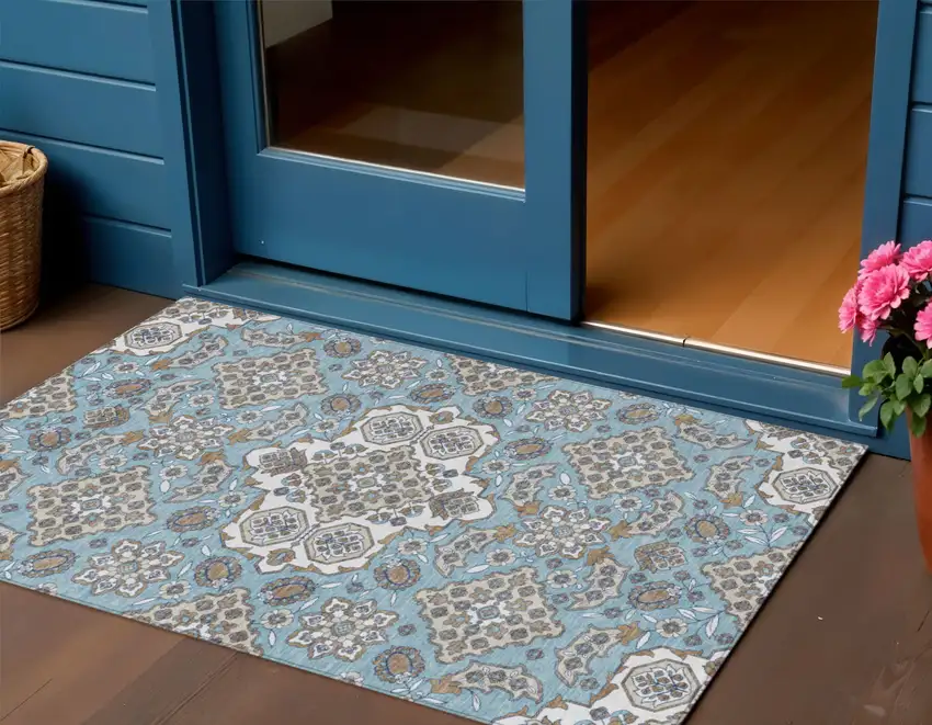 Sky Blue Taupe And Ivory Medallion Washable Indoor Outdoor Area Rug Photo 2