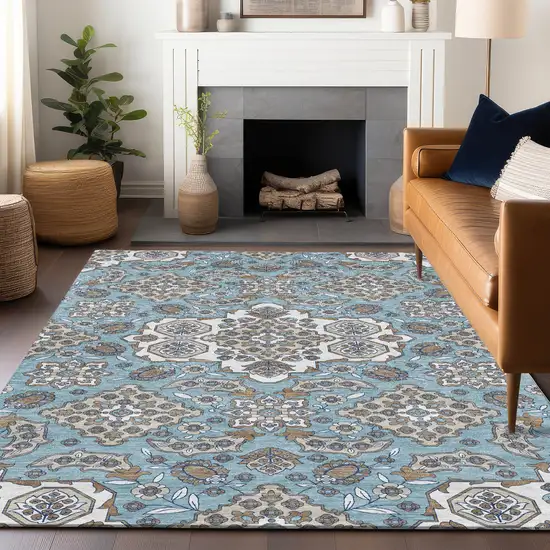 Sky Blue Taupe And Ivory Medallion Washable Indoor Outdoor Area Rug Photo 6