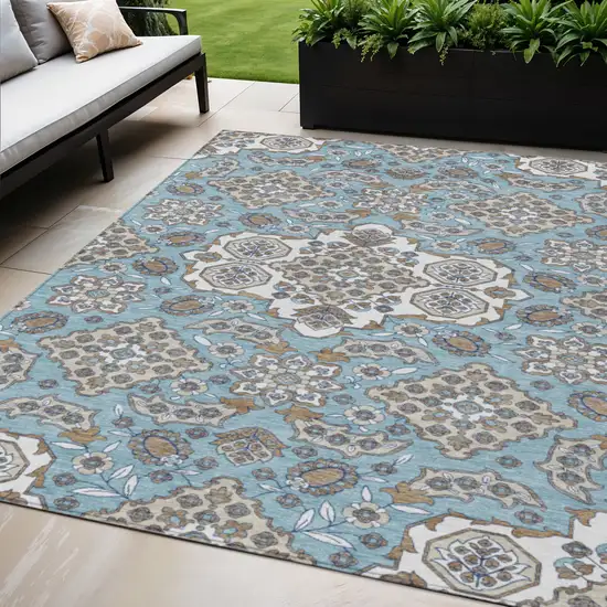 Sky Blue Taupe And Ivory Medallion Washable Indoor Outdoor Area Rug Photo 2