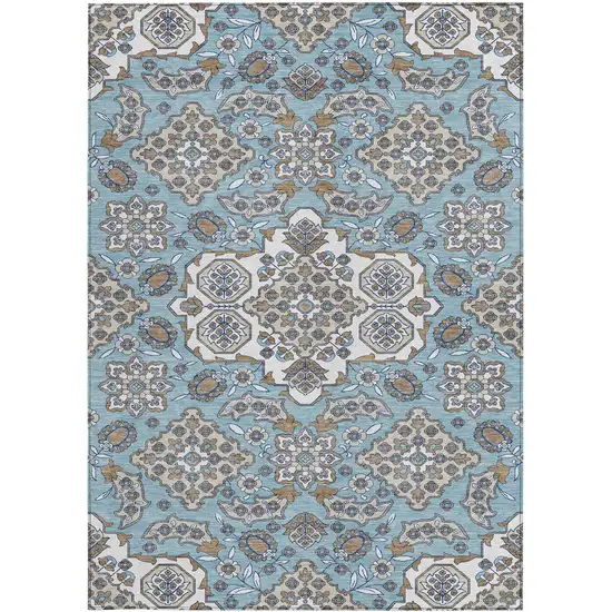Sky Blue Taupe And Ivory Medallion Washable Indoor Outdoor Area Rug Photo 4
